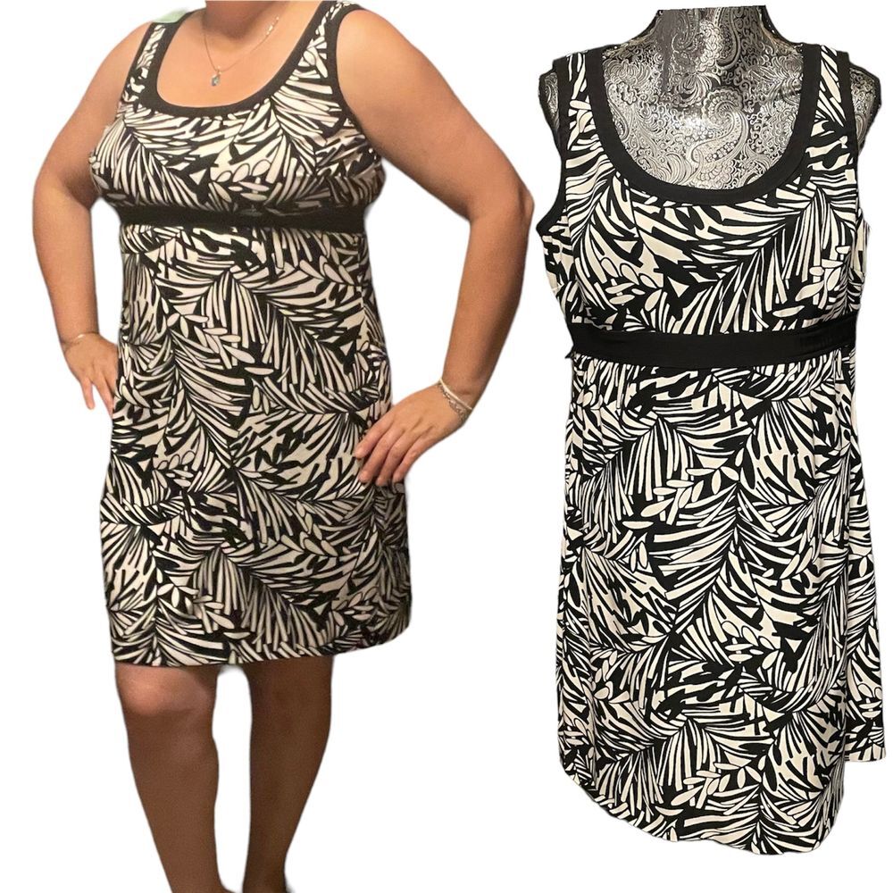 CHAPS Black White Sleeveless Sheath Dress Leaves Pattern Stretch Size 14